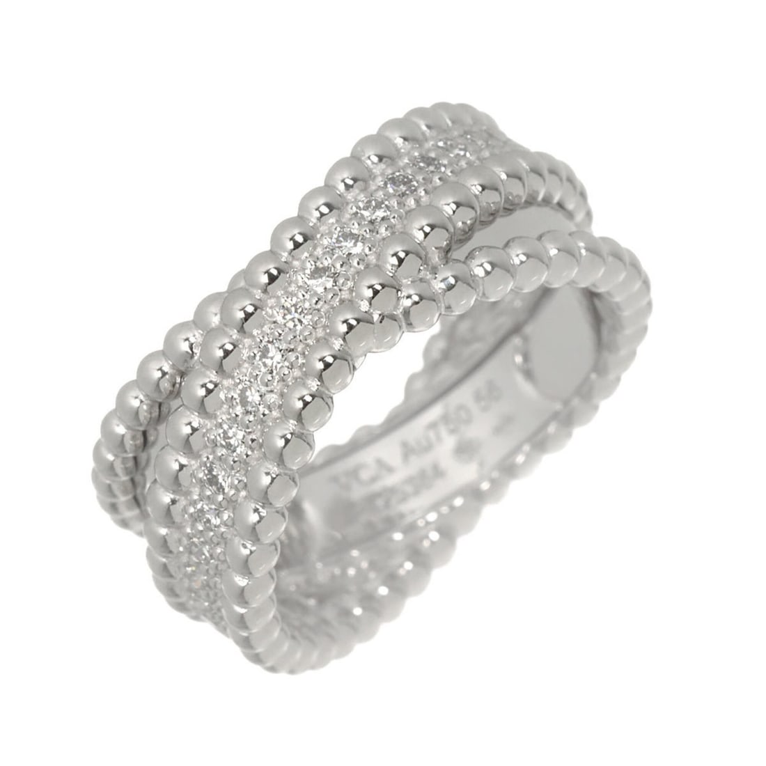 Van Cleef & Arpels VCA Perlee Duo #56 Ring, Diamond, 18K WG White Gold 750, Ring: --- Catalog ---Category: SizeUS Size: 8Brand Size: 56Category: DesignType: Band ringGender: Men,WomenMaterial: White gold (18K)Category: GeneralBrand: Van Cleef & Arpels--- Item List ---Section: Condi