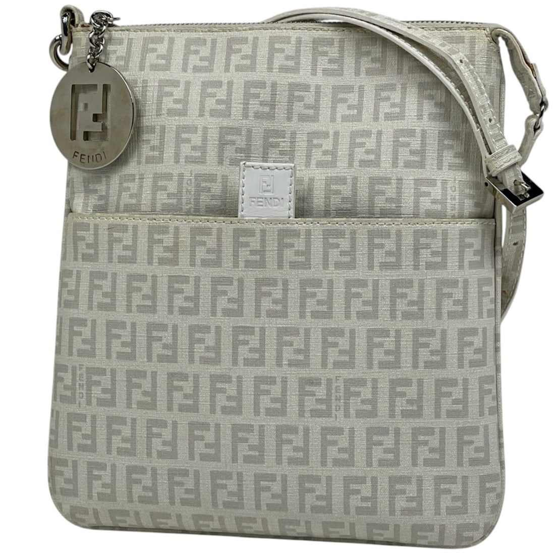 Fendi Zucchino Pattern Chain Shoulder Bag, Logo Print, Crossbody, Coated Canvas, White, 8BT150,: --- Catalog ---Category: SizeSize (HxWxD): 24cm x 21cm x 2cm / 9.44'' x 8.26'' x 0.78''Category: DesignType: Shoulder bagColor: WhiteGender: WomenMaterial: Coated canvas , Leather Category: GeneralBra