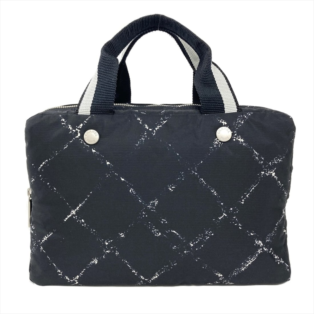 Chanel Mini Boston New Travel Line Handbag, Nylon, Black, Silver Hardware, 7-digit serial number in: --- Catalog ---Category: SizeSize (HxWxD): 19cm x 29cm x 15cm / 7.48'' x 11.41'' x 5.9''Category: DesignType: HandbagColor: BlackGender: WomenLining: Vinyl Material: Nylon Category: GeneralLine: New T