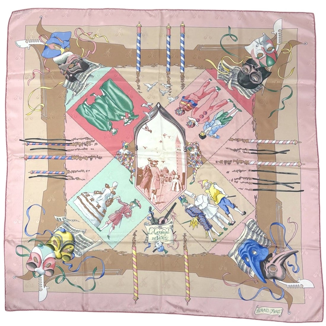 Hermes Carre 90 LE CARNAVAL DE VENISE (Venice Carnival) Scarf/Muffler, Silk, Pink Multicolor,: --- Catalog ---Category: SizeSize (LxW): 89.5cm x 88cm / 35.23'' x 34.64''Category: DesignType: ScarfColor: Multi-color, PinkGender: WomenMaterial: Silk Category: GeneralBrand: Hermes--- Item List ---