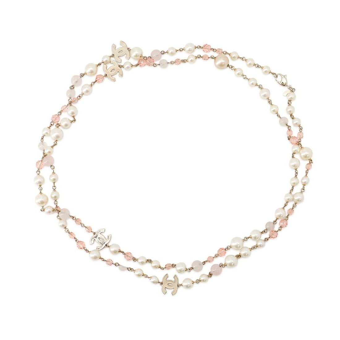 Chanel Long Necklace, Coco Mark, Faux Pearl Beads, 08C CHANEL Necklace: --- Catalog ---Category: SizePendant Size: 14mm x 19mm / 0.55'' x 0.74''Neck Circumference: 153 cm / 60.23''Category: DesignColor: Champagne goldStone: Artificial pearlGender: Women,MenMaterial: Gold 