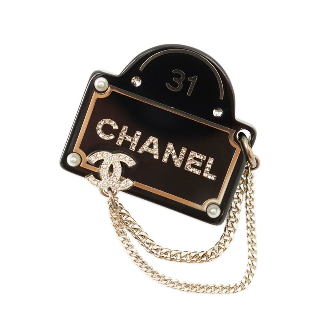 Chanel Brooch, Coco Mark Street Sign Motif, D22B AB9372 CHANEL Brooch BROACH: --- Catalog ---Category: SizeSize (HxWxD): 5.5cm x 3.6cm / 2.16'' x 1.41''Category: DesignType: BroochColor: Black, Champagne goldStone: Artificial pearl, RhinestoneGender: WomenMaterial: Gold plating