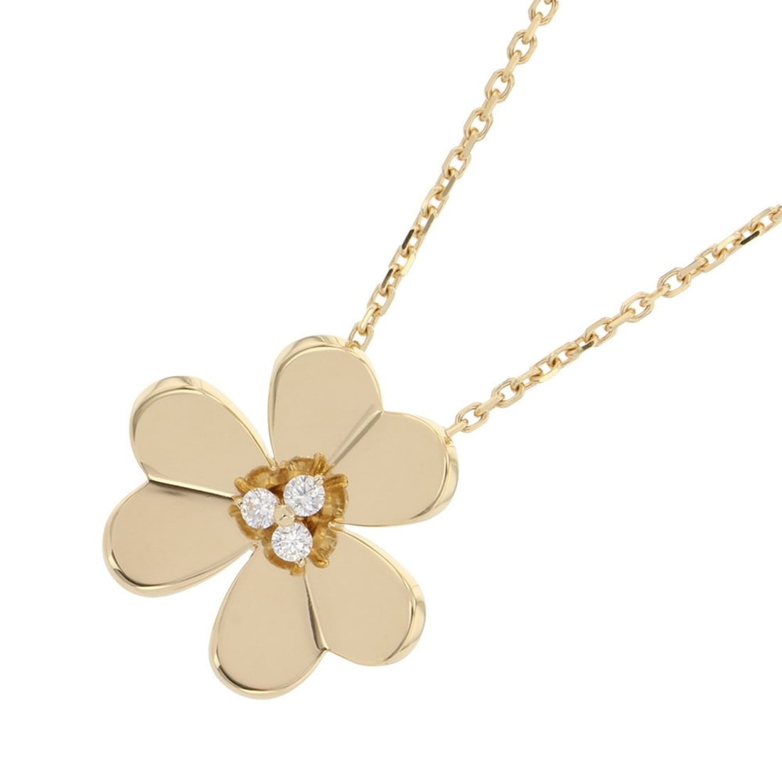 Van Cleef & Arpels Frivole Pendant Large Model Necklace with 3 Diamonds (0.16ct total) in 18K Yellow: --- Catalog ---Category: SizePendant Size: 20.4mm x 22.5mm / 0.8'' x 0.88''Neck Circumference: 42 cm - 46 cm / 16.53'' - 18.11''Category: DesignColor: Yellow goldStone: DiamondGender: WomenClarity: IF