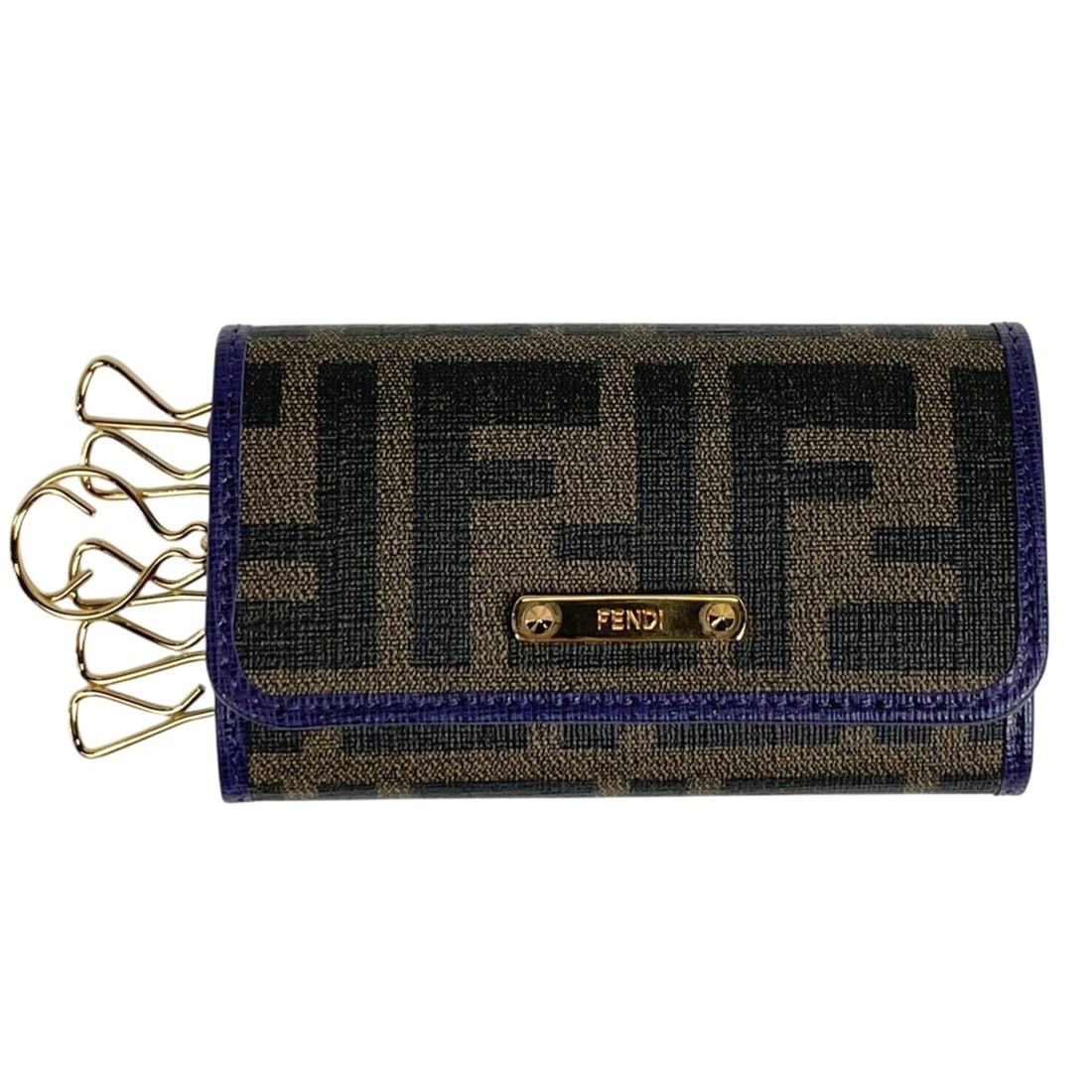 Fendi Zucca Pattern 6-Key Accessory/Key Case, Key Hook, Holder, Coated Canvas Leather, Brown/Purple,: --- Catalog ---Category: DesignType: KeycaseColor: Brown, PurpleGender: WomenMaterial: Coated canvas , Leather Category: GeneralBrand: FendiCategory: Physical PropertiesSize (HxWxD): 6cm x 10.5cm x 2c