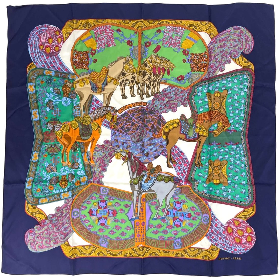 Hermes HERMES Carre 90 ART des STEPPES (Step Art) Scarf/Muffler, Silk, Navy, Multicolor, Women's (1 of 17)