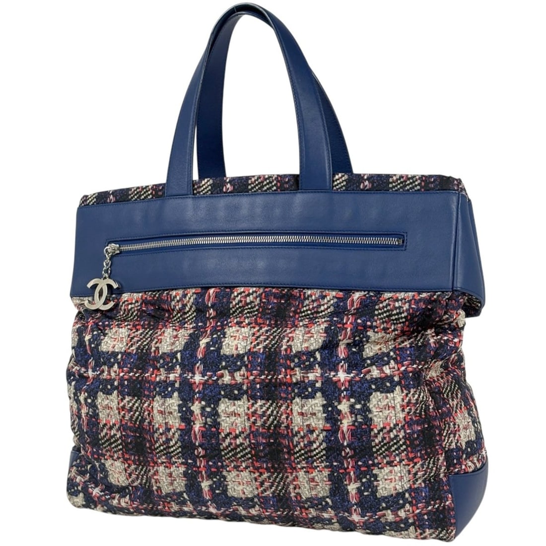 Chanel Coco Mark Tote Bag, Tweed Print Nylon, Navy, Red, Multicolor: --- Catalog ---Category: SizeSize (HxWxD): 37cm x 38cm x 11cm / 14.56'' x 14.96'' x 4.33''Category: DesignType: Tote bagColor: Multi-color, Navy, Red colorGender: WomenMaterial: Nylon , Leather Catego