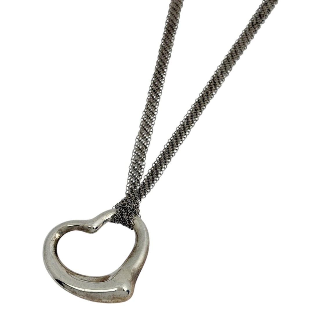 Tiffany & Co. Open Heart Mesh Chain Necklace, Elsa Peretti, Sterling Silver 925, Women's.: --- Catalog ---Category: SizePendant Size: 36mm x 34mm / 1.41'' x 1.33''Neck Circumference: 36 cm / 14.17''Category: DesignColor: SilverGender: WomenMaterial: Silver 925Necklace Type: NecklaceCategory