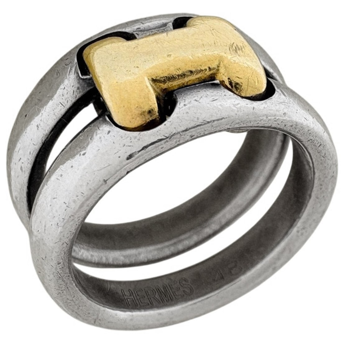Hermes Olympe Ring, Metal, GP (Gold Plated), Silver, Gold, Women's: --- Catalog ---Category: SizeJP Size: 7US Size: 4Category: DesignColor: SilverGender: WomenMaterial: MetalCategory: GeneralBrand: Hermes--- Item List ---Section: ConditionRanking: Rank B Used - Traces