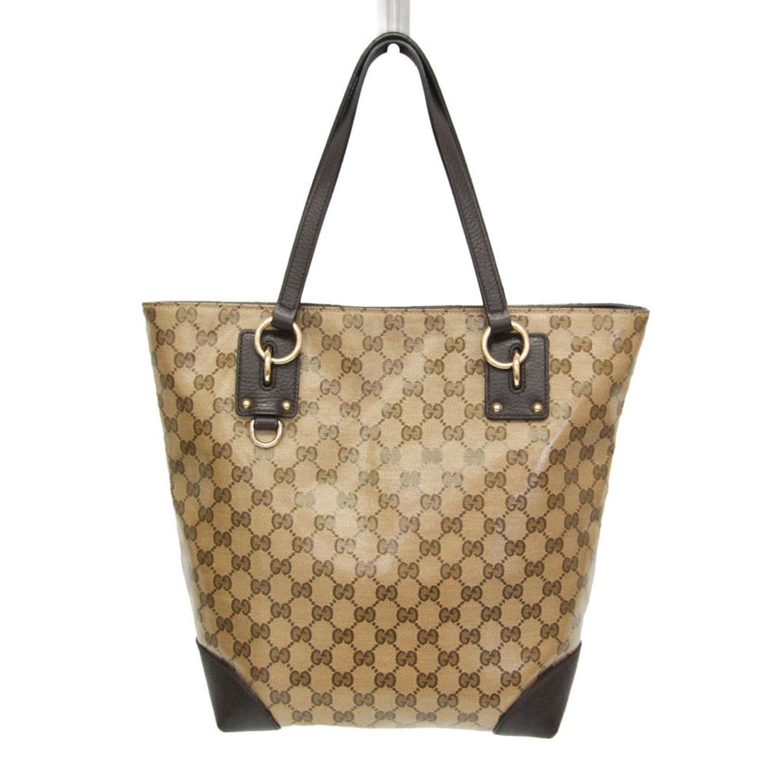 Gucci GG Crystal 353706 Women's PVC,Leather Tote Bag Beige,Dark Brown: --- Catalog ---Category: SizeSize (HxWxD): 31cm x 25cm x 13cm / 12.2'' x 9.84'' x 5.11''Handle Length: 50cm / 19.68''Category: DesignType: Tote bagColor: Beige, Dark brownGender: WomenClosure: Magneti