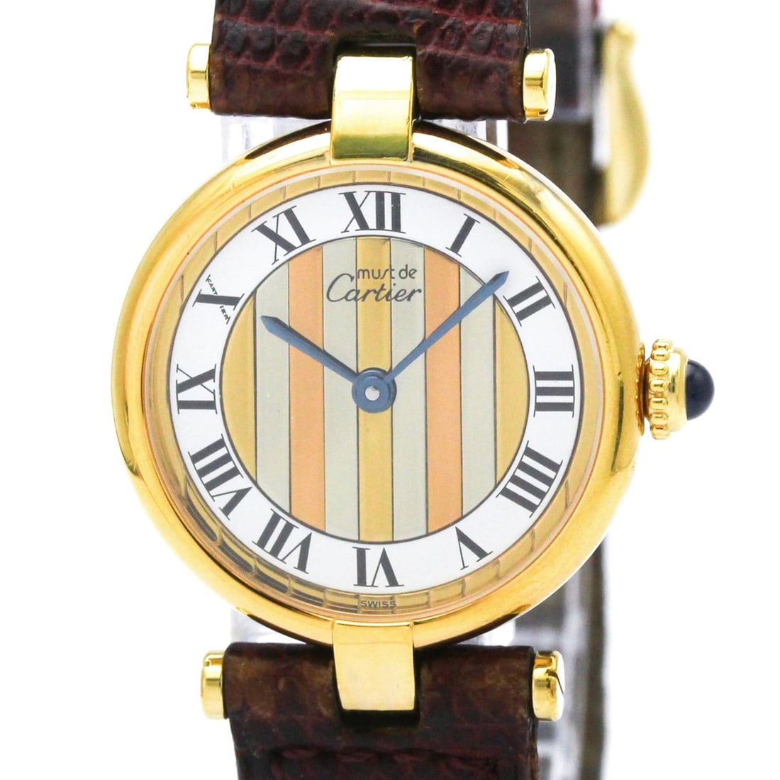 CARTIER Must Vendome Vermeil Gold Plated Quartz Ladies Watch 590004: --- Catalog ---Category: SizeCase Diameter: 24mm / 0.94''Category: DesignType: WristwatchStyle: Dress/FormalGender: WomenColor (Dial): WhiteMaterial (Band): LeatherMaterial (Case): Gold platedCategory