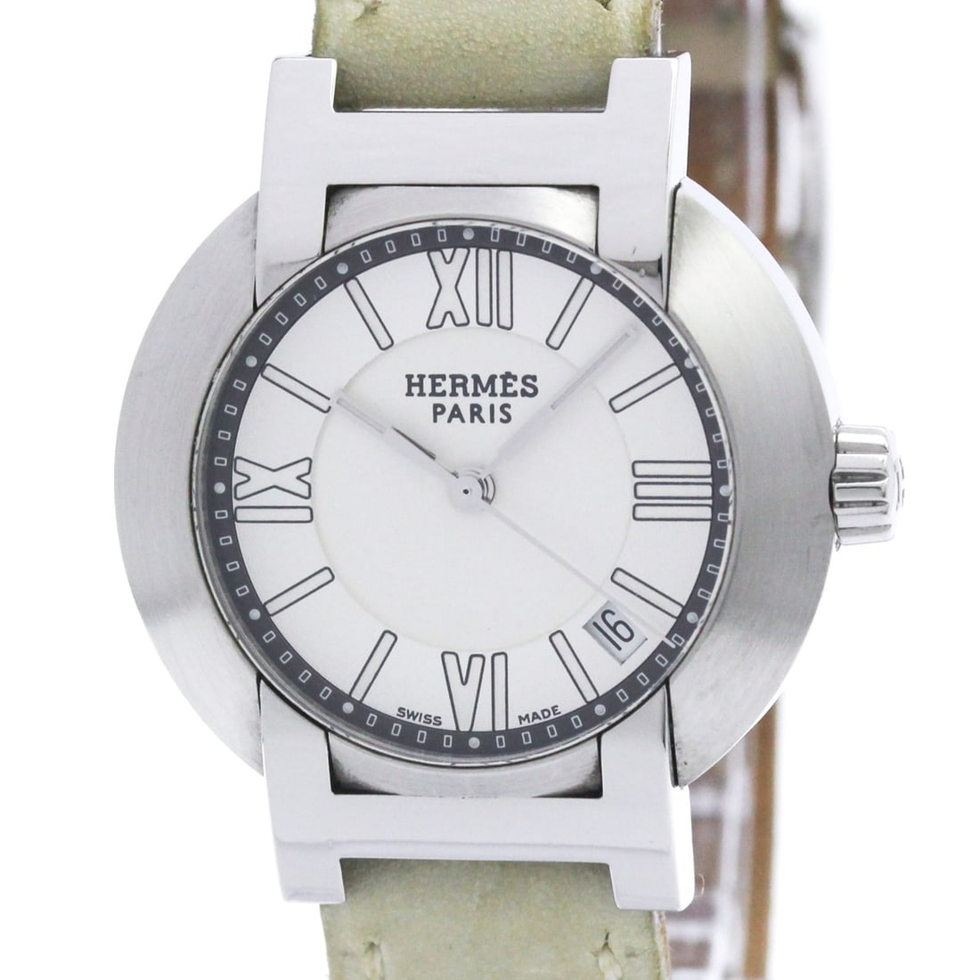 HERMES Nomade Steel Auto Quartz Ladies Watch NO1.210 Polished: --- Catalog ---Category: SizeCase Diameter: 28mm / 1.1''Category: DesignType: WristwatchStyle: Dress/FormalGender: WomenColor (Dial): SilverMaterial (Band): LeatherMaterial (Case): Stainless steelCate