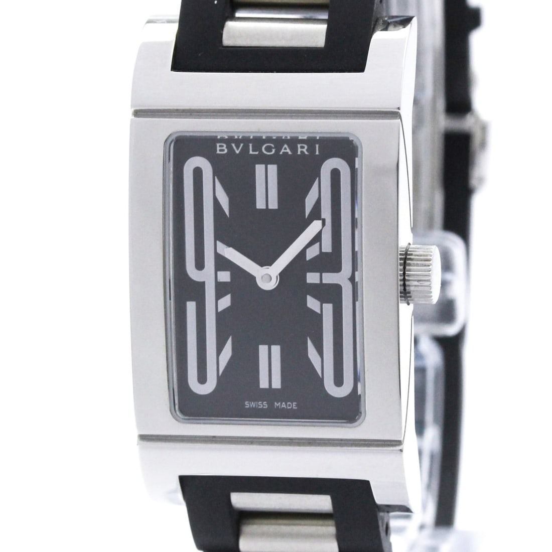 BVLGARI Rettangolo Stainless Steel Quartz Ladies Watch RT39S Polished: --- Catalog ---Category: SizeCase Diameter: 39mm / 1.54''Category: DesignType: WristwatchStyle: Dress/FormalGender: WomenColor (Dial): BlackMaterial (Band): RubberMaterial (Case): Stainless steelCateg