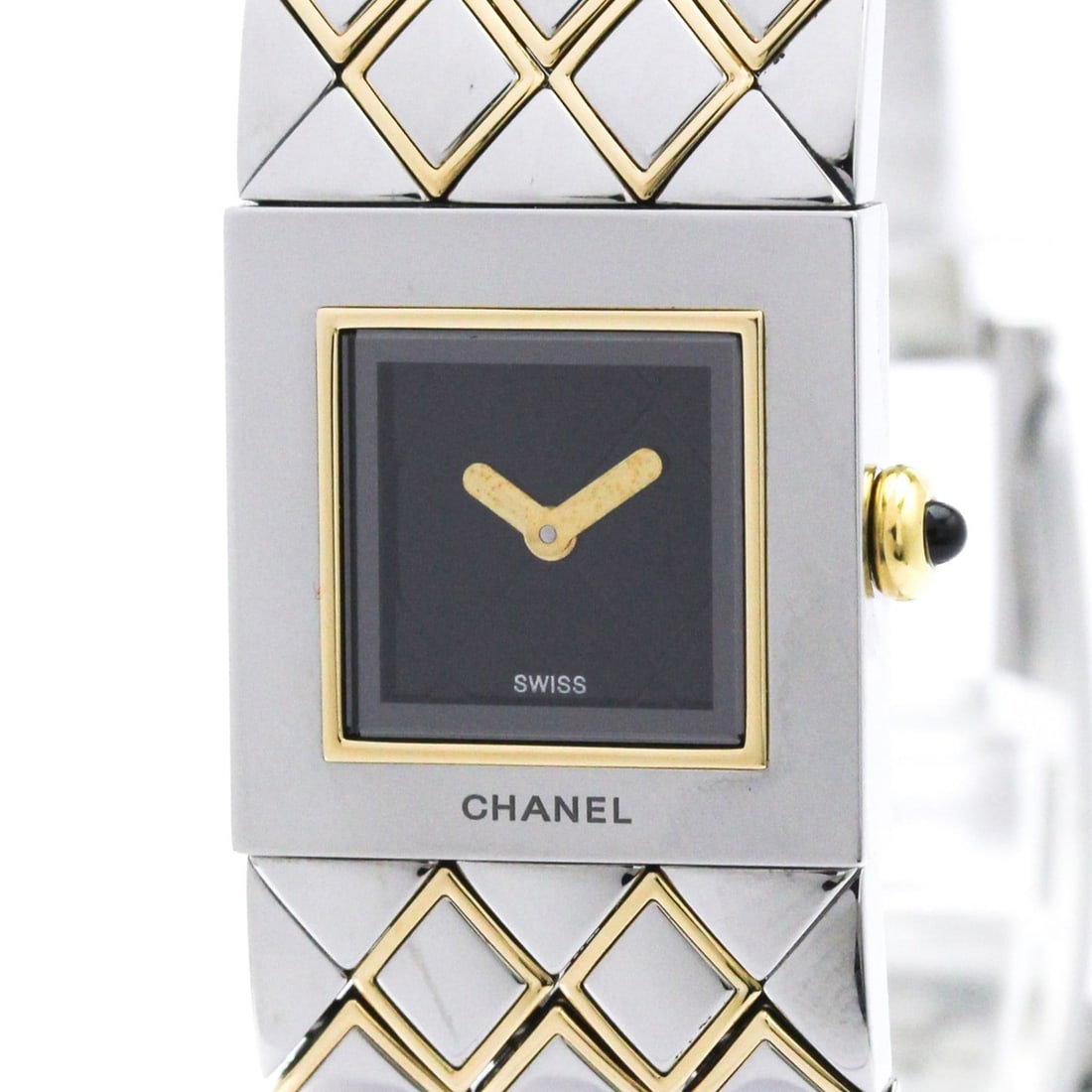 CHANEL Matelasse 18K Gold Steel Quartz Ladies Watch H0475 Polished: --- Catalog ---Category: SizeCase Diameter: 19mm / 0.75''Category: DesignType: WristwatchStyle: Dress/FormalGender: WomenColor (Dial): BlackMaterial (Band): Stainless steel, Yellow gold (18K)Material 