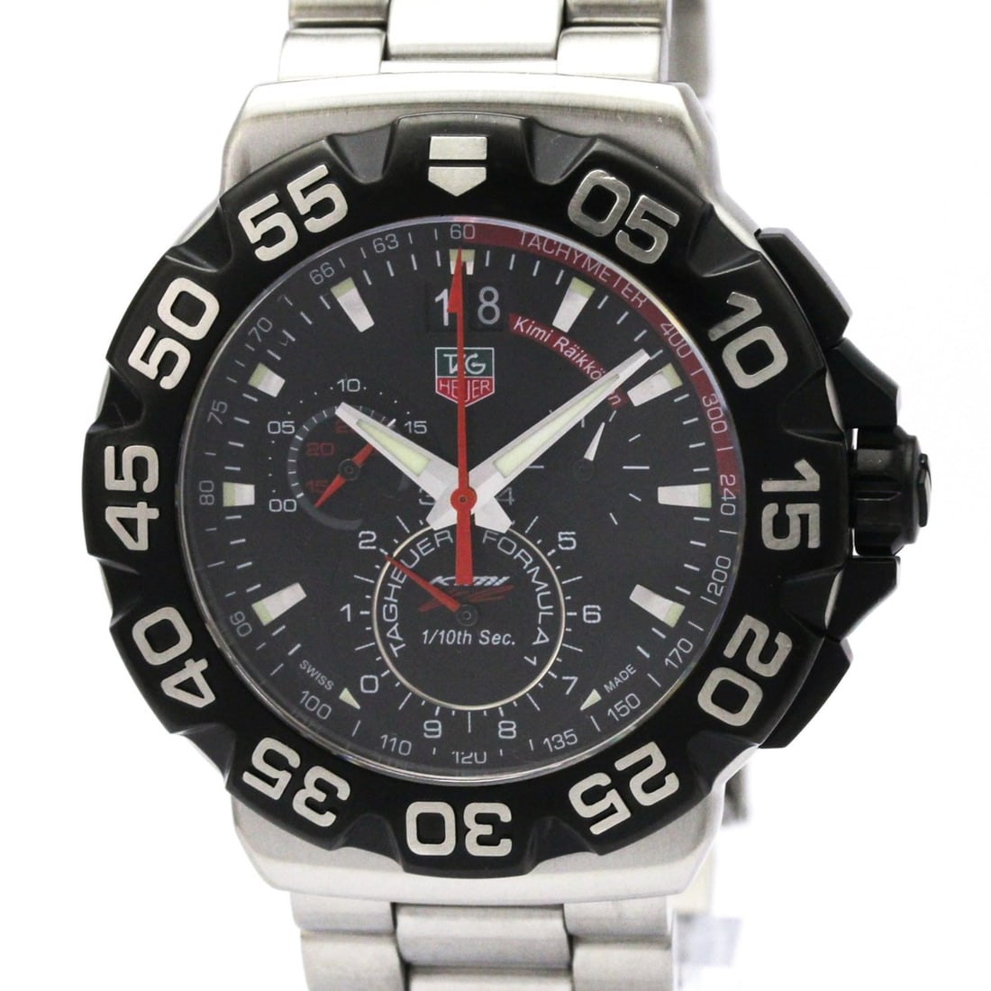 TAG Heuer Formula 1 Kimi Raikkonen Grande Date Watch CAH1014 Polished: --- Catalog ---Category: SizeCase Diameter: 43mm / 1.69''Category: DesignType: WristwatchStyle: SportGender: MenColor (Dial): BlackMaterial (Band): Stainless steelMaterial (Case): Stainless steelCateg