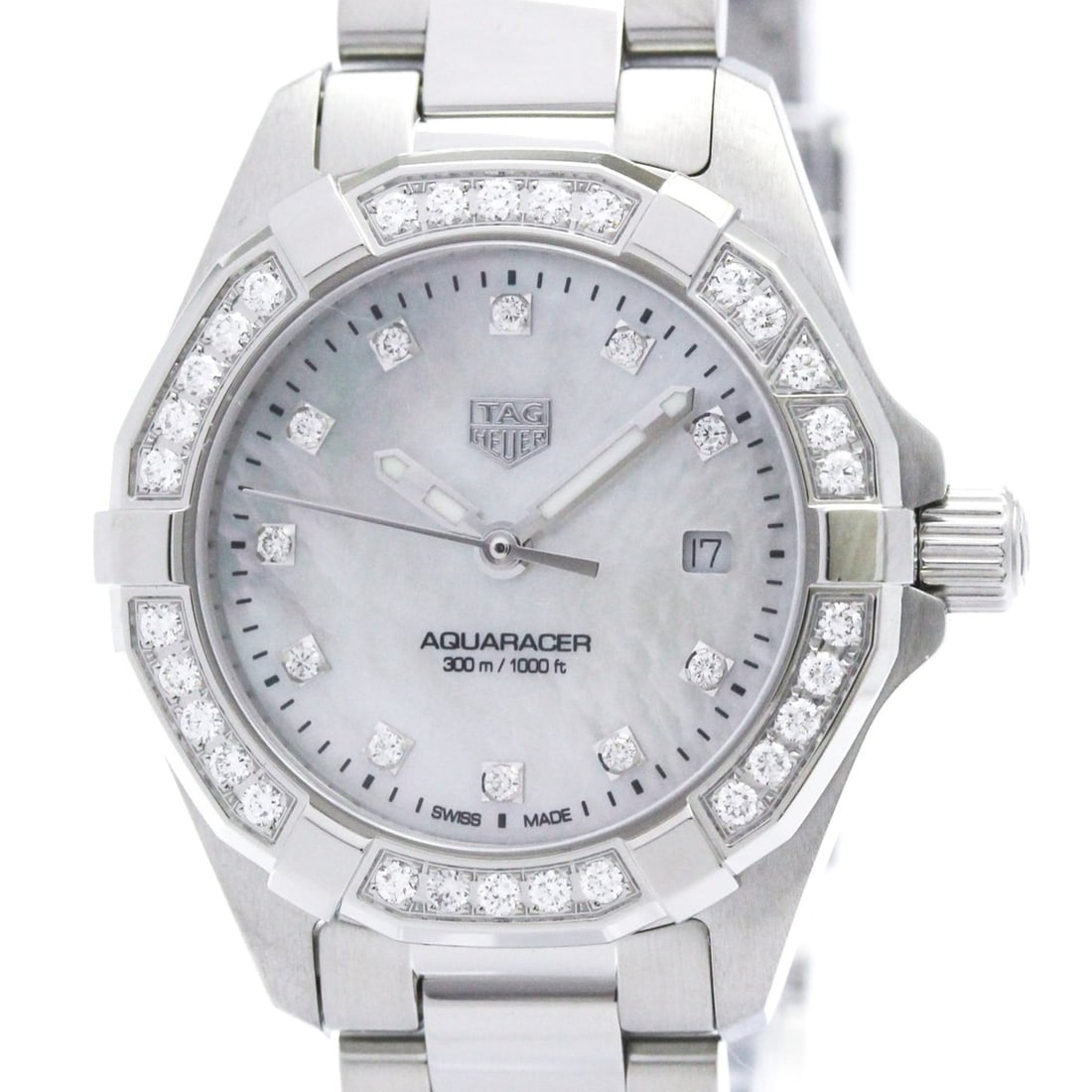 TAG HEUER Aquaracer Lady Diamond MOP Dial Quartz Watch WBD1415 Polished: --- Catalog ---Category: SizeCase Diameter: 27mm / 1.06''Category: DesignType: WristwatchStyle: Dress/FormalGender: WomenColor (Dial): White shellMaterial (Band): Stainless steelMaterial (Case): Stain