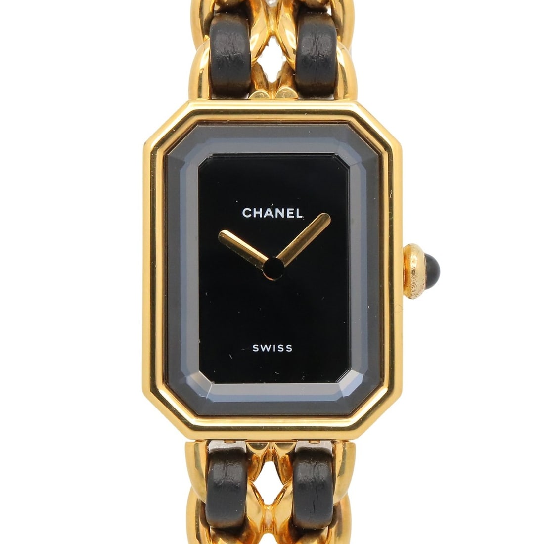Chanel CHANEL Première L Watch, Gold Plated (GP), Leather Strap, Women's, Black, H0001: --- Catalog ---Category: SizeWrist Size: 16cm / 6.29''Case Diameter: 20mm / 0.79''Category: DesignType: WristwatchGender: WomenColor (Dial): BlackMaterial (Band): Gold plated, LeatherMaterial (Case): 