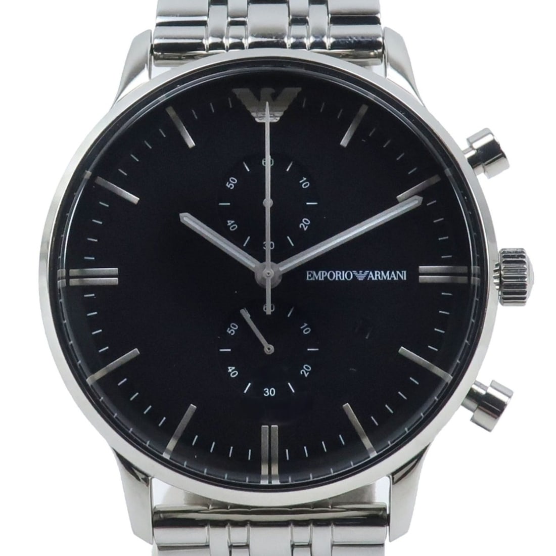 Emporio Armani AR0389 Stainless Steel Silver Quartz Chronograph Men's Watch with Black Dial: --- Catalog ---Category: SizeWrist Size: 20cm / 7.87''Case Diameter: 43mm / 1.69''Category: DesignType: WristwatchGender: MenColor (Dial): BlackMaterial (Band): Stainless steelMaterial (Case): Stainle
