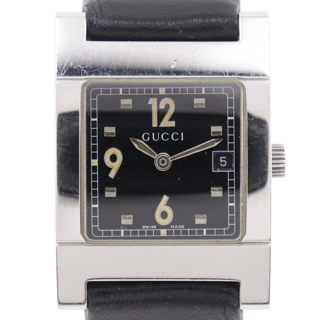 Gucci GUCCI watch 7700L stainless steel x leather quartz analog black dial women's: --- Catalog ---Category: SizeWrist Size: 14cm - 18cm / 5.51'' - 7.08''Case Diameter: 24mm / 0.94''Category: DesignType: WristwatchGender: WomenColor (Dial): BlackMaterial (Band): Leather, Stainless st