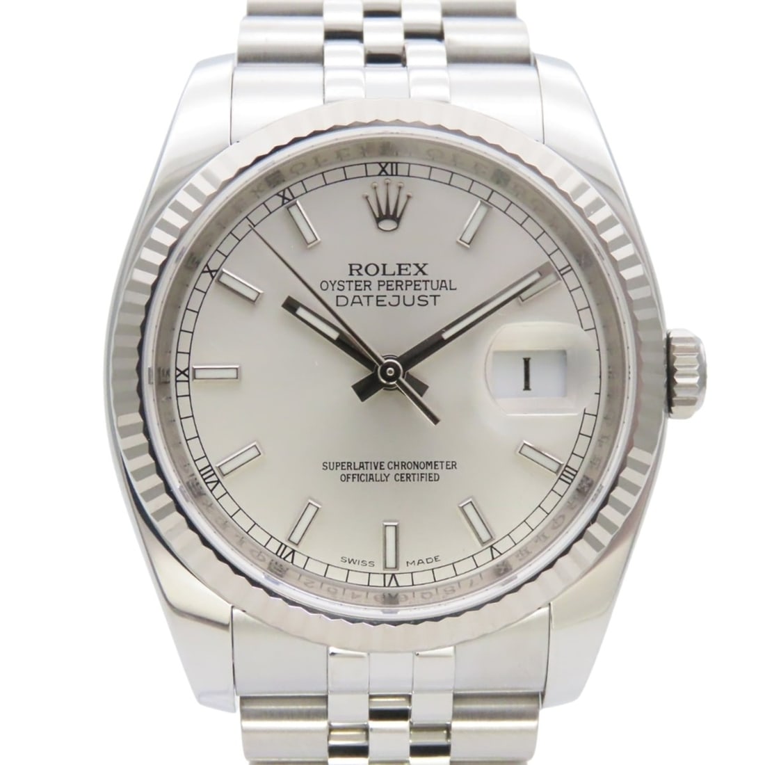 Rolex Datejust 36 116234 Stainless Steel, 18K White Gold, Silver Dial, Bar Index, Men's Watch: --- Catalog ---Category: SizeWrist Size: 17cm / 6.69''Case Diameter: 36mm / 1.42''Category: DesignType: WristwatchGender: MenColor (Dial): SilverMaterial (Band): Stainless steelMaterial (Case): Stainl