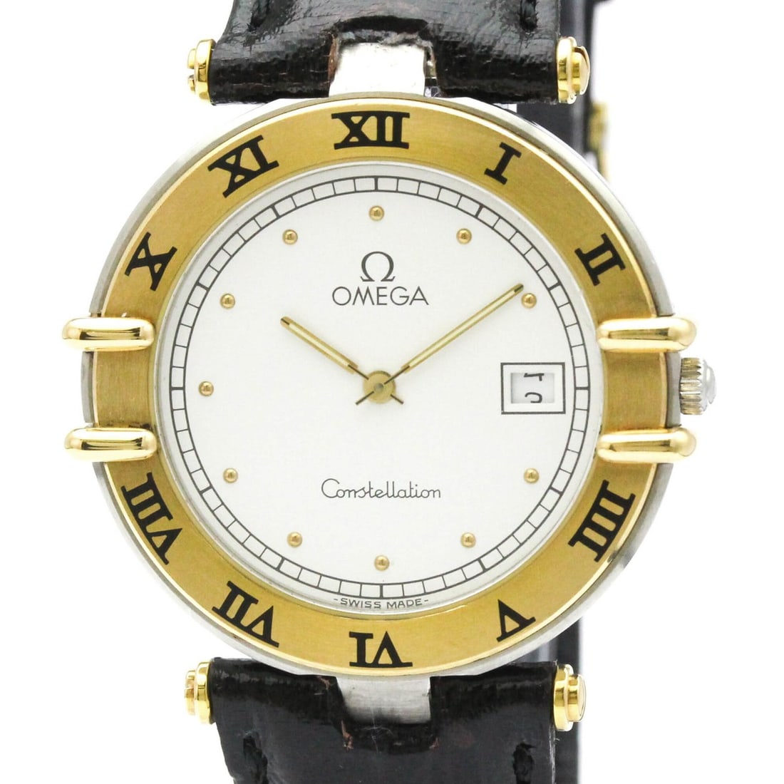 OMEGA Constellation Date 18K Gold Steel Mens Watch 196.0360 Polished: --- Catalog ---Category: SizeCase Diameter: 31mm / 1.22''Category: DesignType: WristwatchStyle: Dress/FormalGender: MenColor (Dial): WhiteMaterial (Band): LeatherMaterial (Case): Stainless steel, Yell