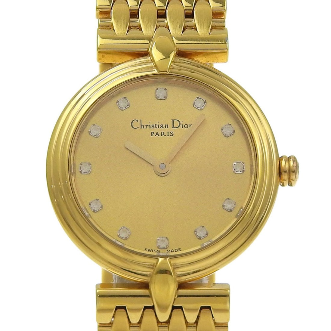Christian Dior watch D68-150, gold plated, quartz, analog display, dial, women's.: --- Catalog ---Category: SizeWrist Size: 16cm / 6.29''Case Diameter: 25mm / 0.98''Category: DesignType: WristwatchGender: WomenColor (Dial): GoldMaterial (Band): Gold platedMaterial (Case): Gold plate