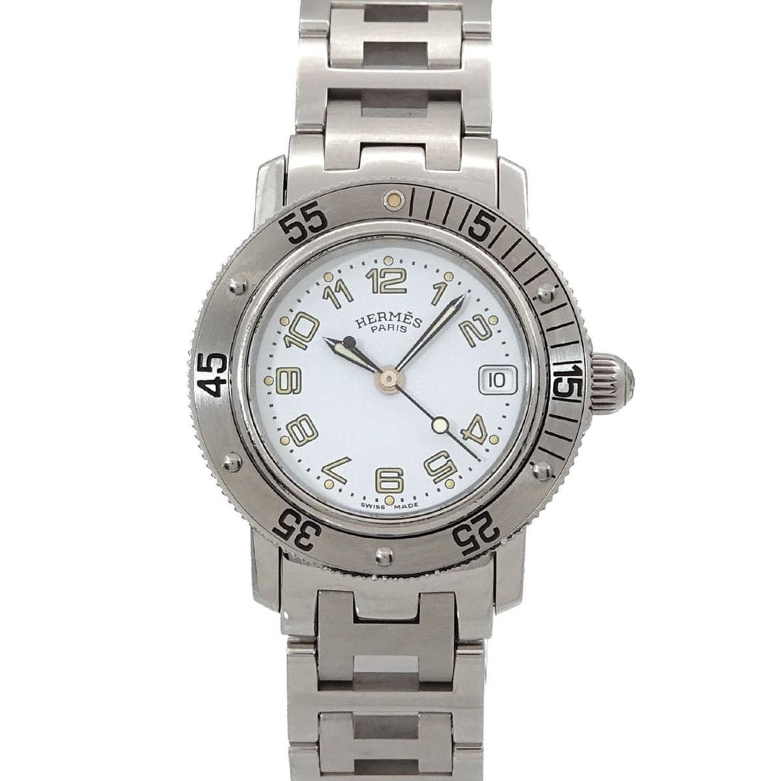 Hermes CL5 210 Women's Watch, Date, White Quartz Watch: --- Catalog ---Category: SizeWrist Size: 15cm / 5.9''Case Diameter: 28mm / 1.1''Category: DesignType: WristwatchGender: WomenColor (Dial): WhiteMaterial (Band): Stainless steelMaterial (Case): Stainle