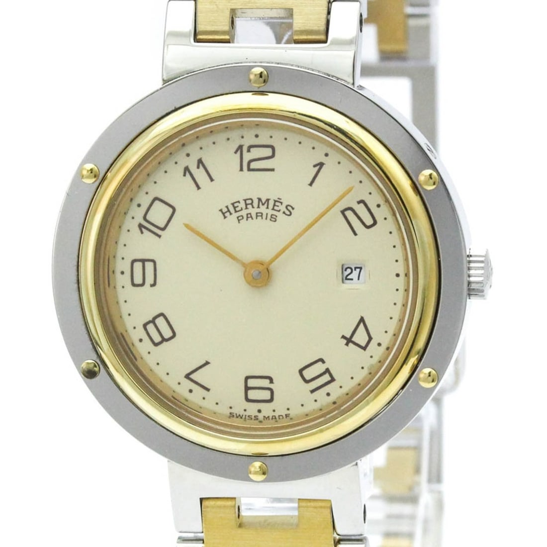 HERMES Clipper Gold Plated Stainless Steel Quartz Unisex Watch Polished: --- Catalog ---Category: SizeCase Diameter: 30mm / 1.18''Category: DesignType: WristwatchStyle: Dress/FormalGender: UnisexColor (Dial): IvoryMaterial (Band): Gold plated, Stainless steelMaterial (Case