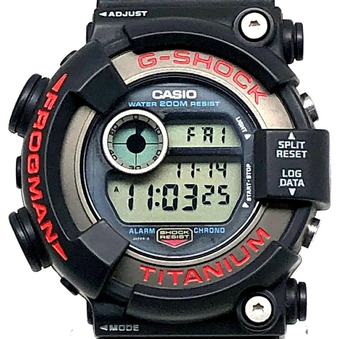G-SHOCK CASIO Watch DW-8200-1A FROGMAN 2nd Generation Frogman Titanium Case EL Backlight Red Dark: --- Catalog ---Category: Category: DesignType: WristwatchColor: Dark gray, Light redGender: MenDial features: BacklightMaterial (Band): ResinMaterial (Case): Resin, TitaniumCategory: GeneralLine: G-Sh