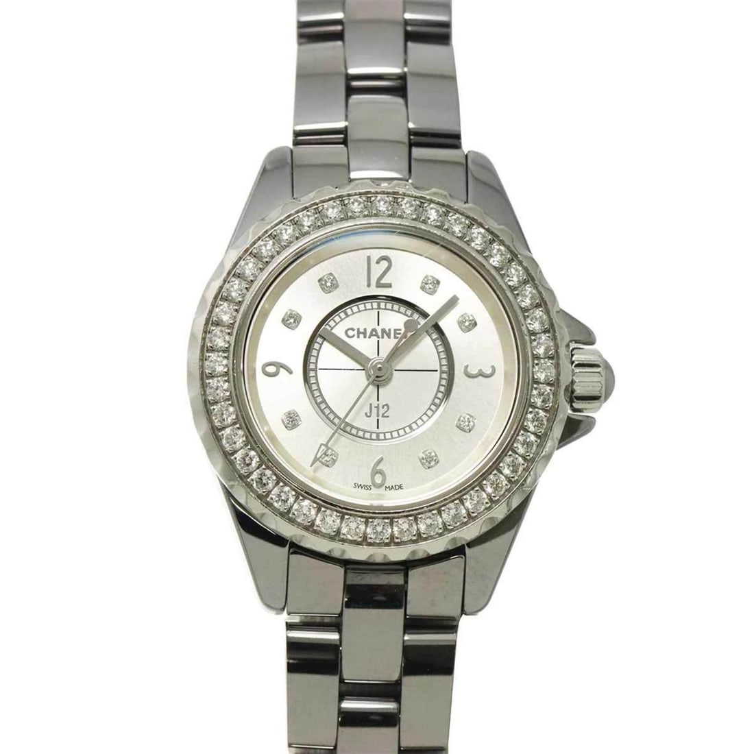 Chanel J12 Chromatic H3402 Ladies' Watch with Diamond Bezel, 8 Diamonds, Gray Ceramic, Quartz: --- Catalog ---Category: SizeWrist Size: 17cm / 6.69''Case Diameter: 29mm / 1.14''Category: DesignType: WristwatchGender: WomenColor (Dial): GrayMaterial (Band): Stainless steel, Titanium ceramicMater
