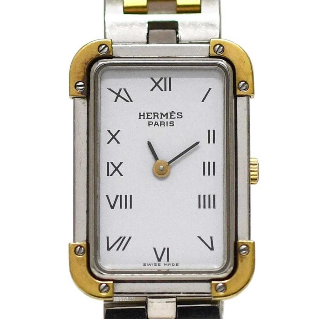 Hermes watch, Croisière, white, silver, gold, CR1.240 battery-operated, stainless steel, quartz: --- Catalog ---Category: SizeWrist Size: 17cm / 6.69''Case Diameter: 19mm / 0.75''Category: DesignType: WristwatchGender: WomenColor (Dial): WhiteMaterial (Band): Stainless steelMaterial (Case): Stain