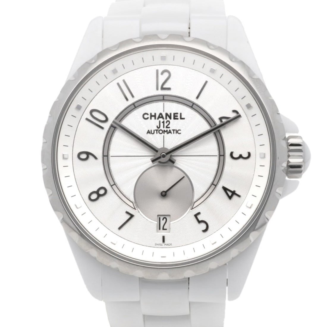 Chanel J12 Watch, Stainless Steel, H3837, Automatic Winding, Overhauled and Polished, Men's/Women's,: --- Catalog ---Category: SizeWrist Size: 14.5cm / 5.7''Case Diameter: 37mm / 1.46''Category: DesignType: WristwatchGender: Men,WomenColor (Dial): WhiteMaterial (Band): Ceramic, Stainless steelMaterial