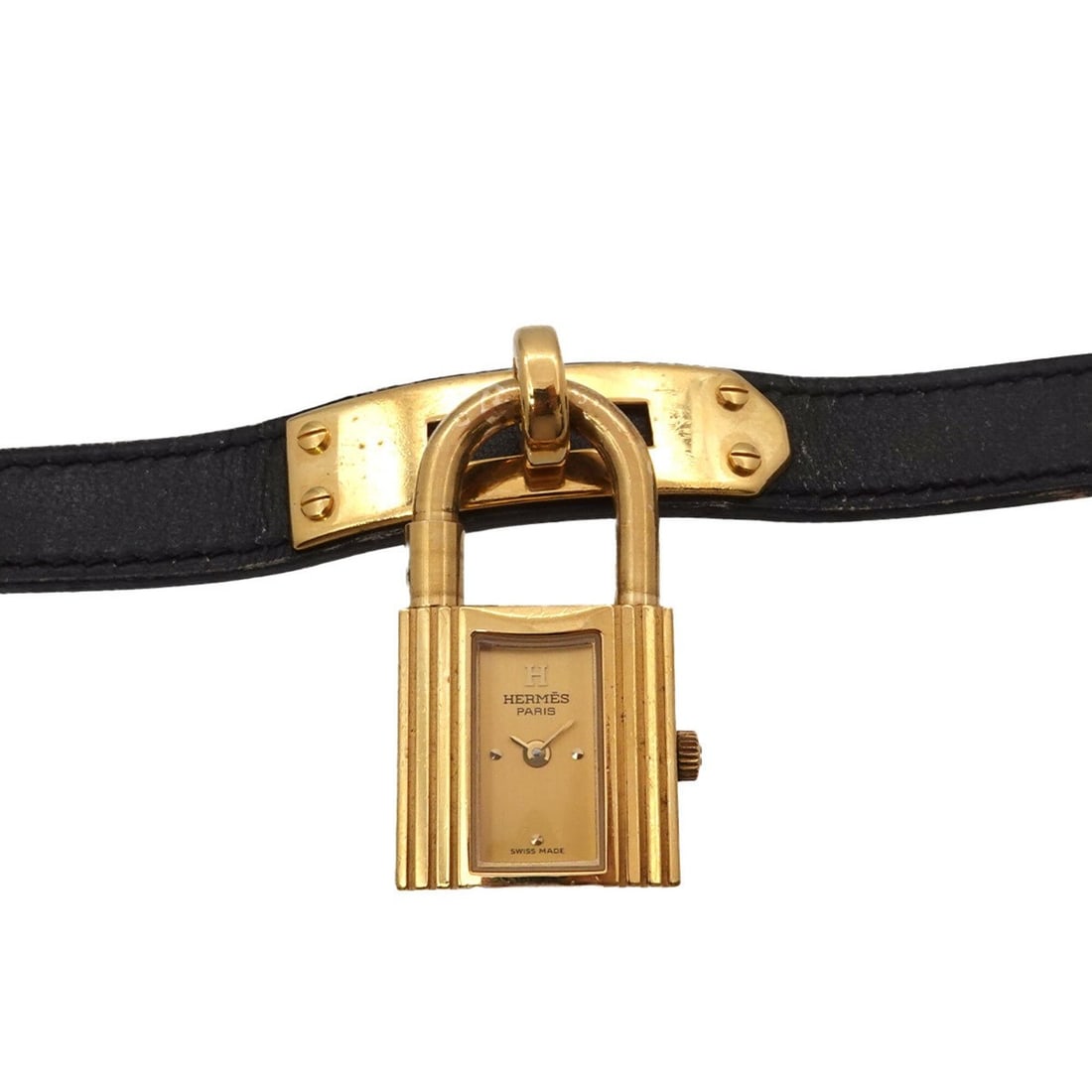 Hermes Kelly Watch, Ladies' Gold and Black Quartz Watch with Padlock: --- Catalog ---Category: SizeWrist Size: 13.5cm - 16cm / 5.31'' - 6.29''Case Diameter: 20mm / 0.79''Category: DesignType: WristwatchGender: WomenColor (Dial): GoldMaterial (Band): Gold plated, Leather