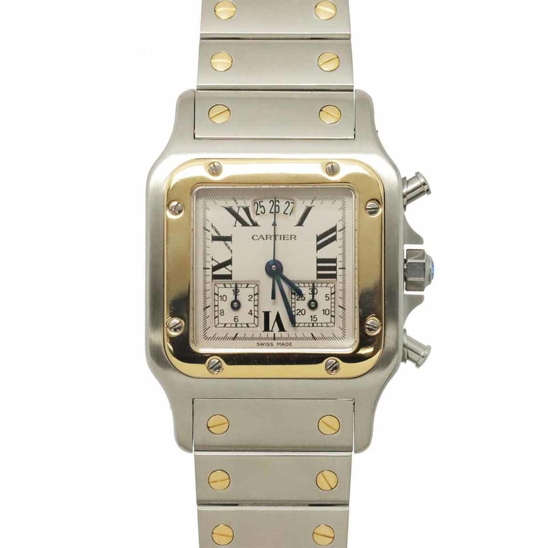 Cartier Santos Galbee LM Chronoreflex Perpetual Calendar Two-Tone W20042C4 Men's Watch Date Ivory YG: --- Catalog ---Category: SizeWrist Size: 18.5cm / 7.28''Case Diameter: 29mm / 1.14''Category: DesignType: WristwatchGender: MenColor (Dial): IvoryMaterial (Band): Stainless steel, Yellow goldMaterial 