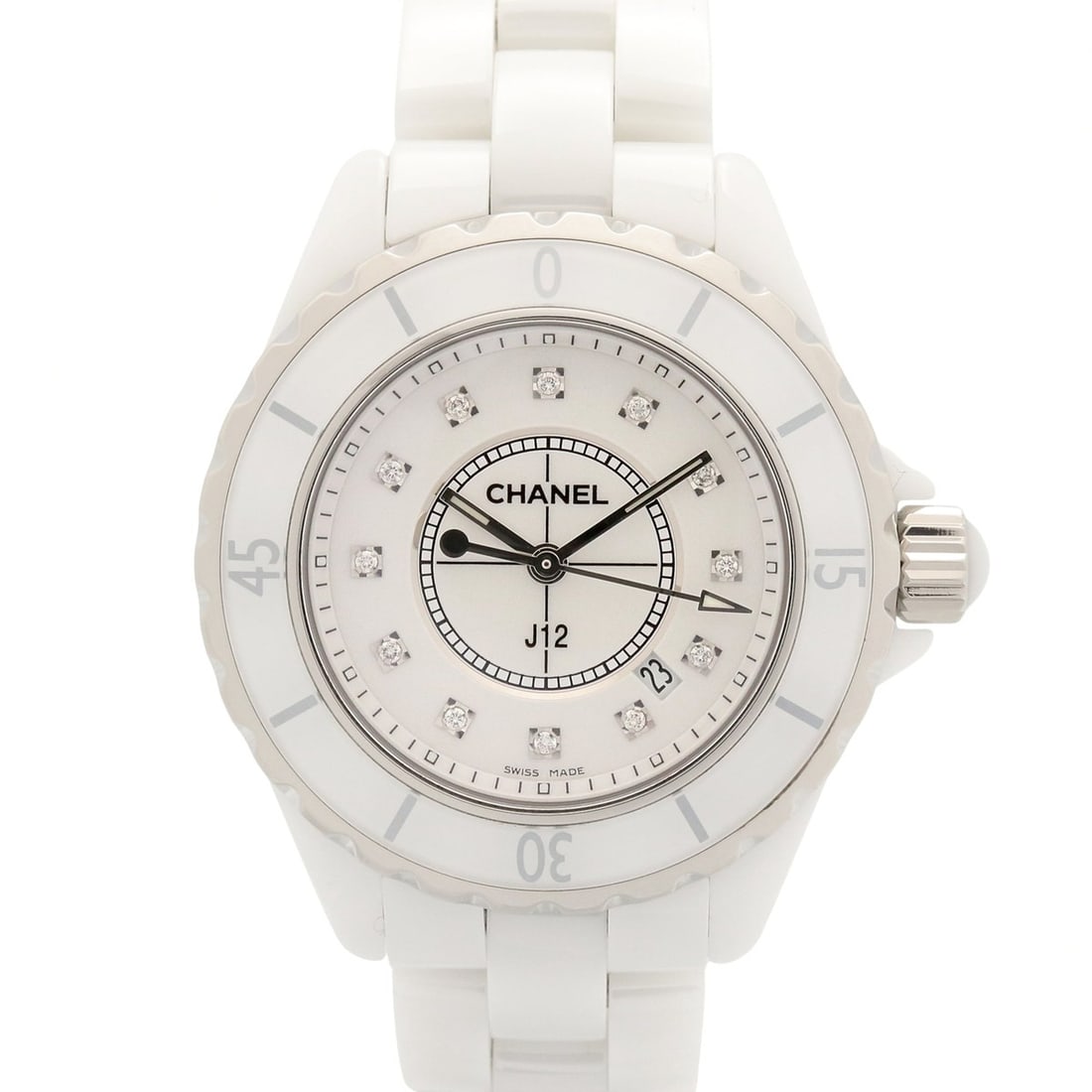 Chanel J12 12-Diamond Ceramic Watch for Women, White (H1628): --- Catalog ---Category: SizeWrist Size: 15cm / 5.9''Case Diameter: 34mm / 1.34''Category: DesignType: WristwatchGender: WomenColor (Dial): WhiteMaterial (Band): CeramicMaterial (Case): CeramicCategor
