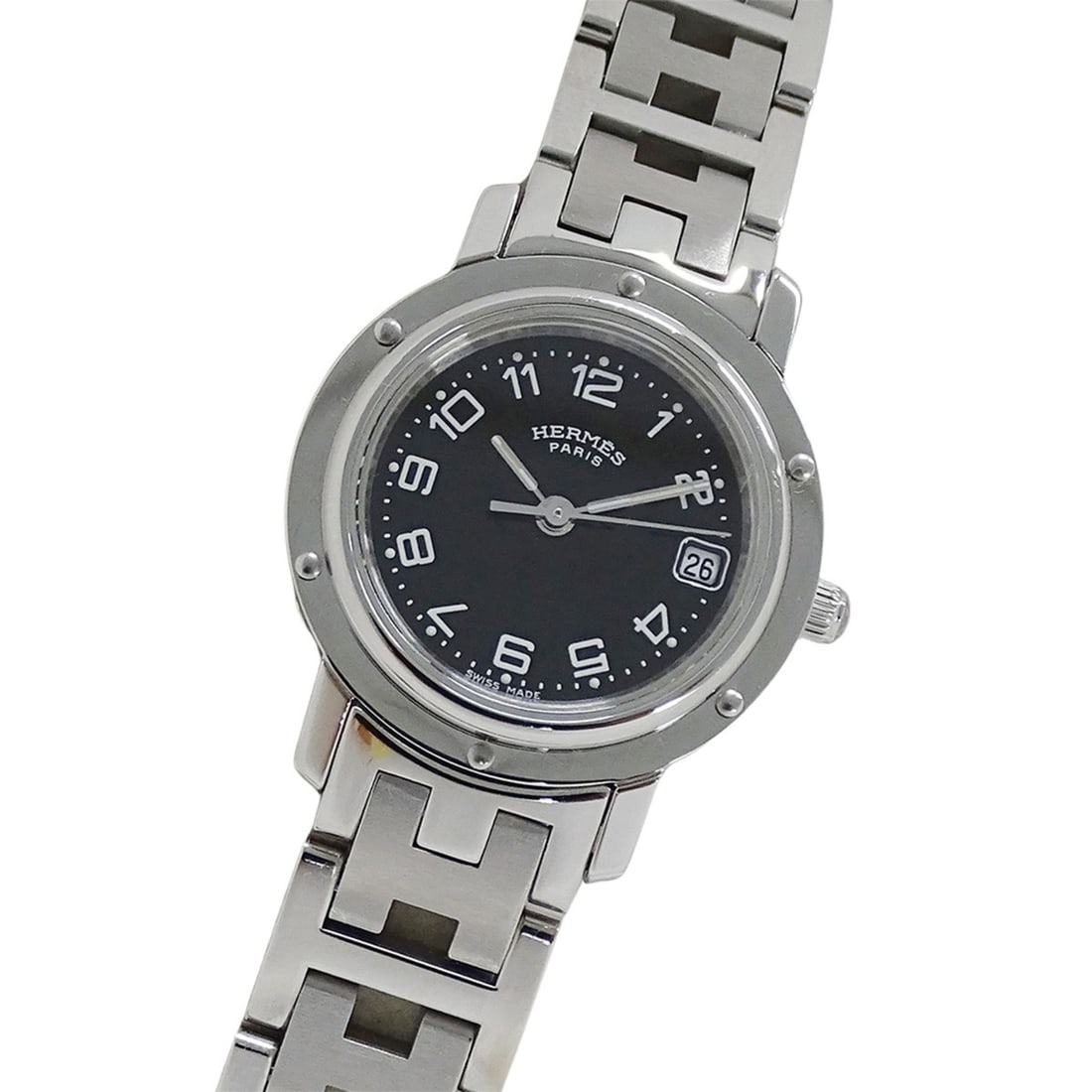 Hermes HERMES Women's Watch, Clipper Date, Quartz, Stainless Steel (SS), CL4.210, Silver/Black,: --- Catalog ---Category: SizeWrist Size: 17cm / 6.69''Case Diameter: 24mm / 0.94''Category: DesignType: WristwatchGender: WomenColor (Dial): BlackMaterial (Band): Stainless steelMaterial (Case): Stain
