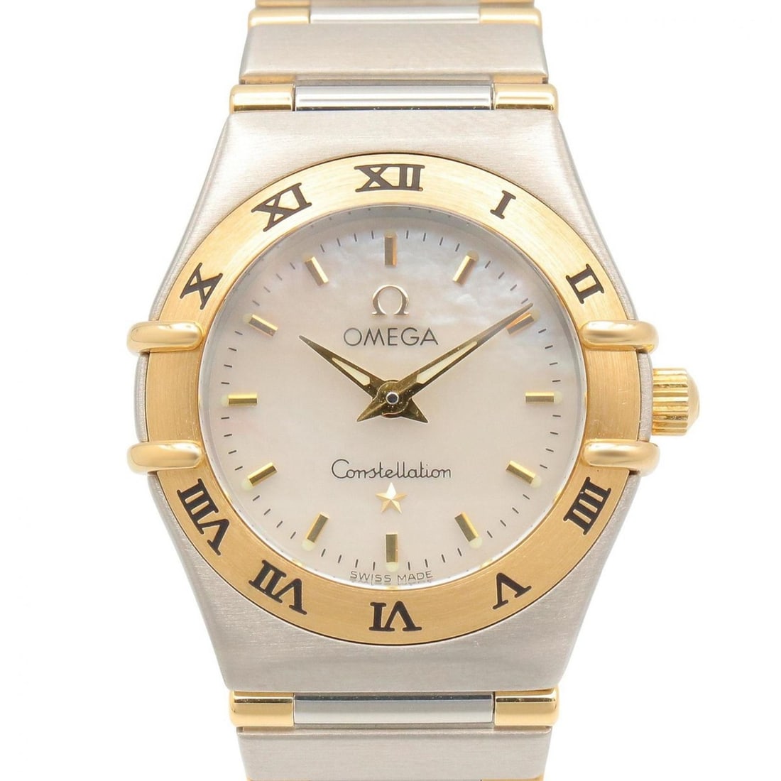 Omega Constellation Mini Watch, 18K (Yellow Gold) Stainless Steel, Ladies', Gold Tone, White: --- Catalog ---Category: SizeWrist Size: 13cm / 5.11''Case Diameter: 22.5mm / 0.89''Category: DesignType: WristwatchGender: WomenColor (Dial): Gold, White shellMaterial (Band): Stainless steel, Yellow