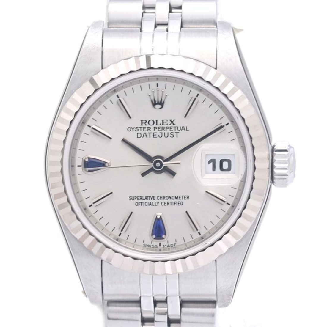ROLEX Datejust Sapphire 2P 79174 Women's Watch 18K White Gold x Stainless Steel 40301: --- Catalog ---Category: SizeWrist Size: 17.5cm / 6.88''Case Diameter: 26mm / 1.02''Category: DesignType: WristwatchGender: WomenColor (Dial): SilverMaterial (Band): Stainless steel, White gold (18K)M