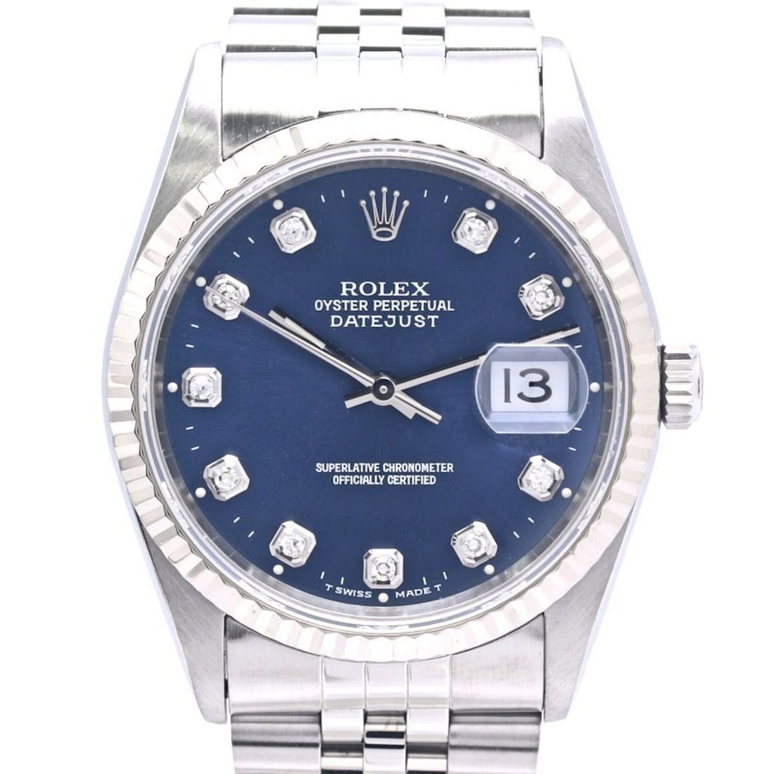 ROLEX Datejust 10P Diamond 16234G Men's Watch 18K White Gold x Stainless Steel 40300: --- Catalog ---Category: SizeWrist Size: 19cm / 7.48''Case Diameter: 36mm / 1.42''Category: DesignType: WristwatchGender: MenColor (Dial): BlueMaterial (Band): Stainless steel, White gold (18K)Materia