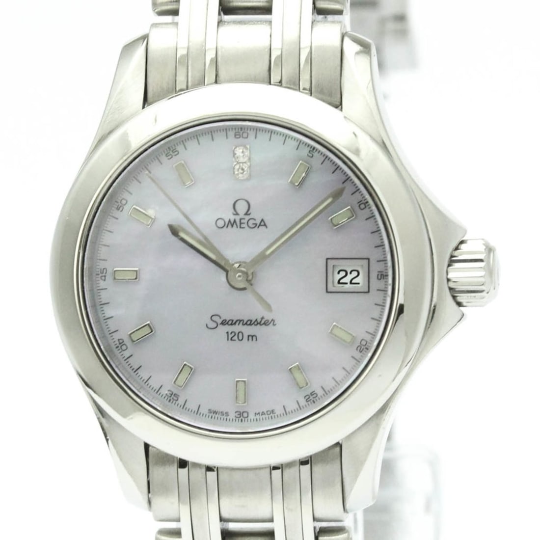 OMEGA Seamaster 120M Diamond MOP Dial Ladies Watch 2581.84 Polished: --- Catalog ---Category: SizeCase Diameter: 26mm / 1.02''Category: DesignType: WristwatchStyle: SportGender: WomenColor (Dial): Blue shellMaterial (Band): Stainless steelMaterial (Case): Stainless ste