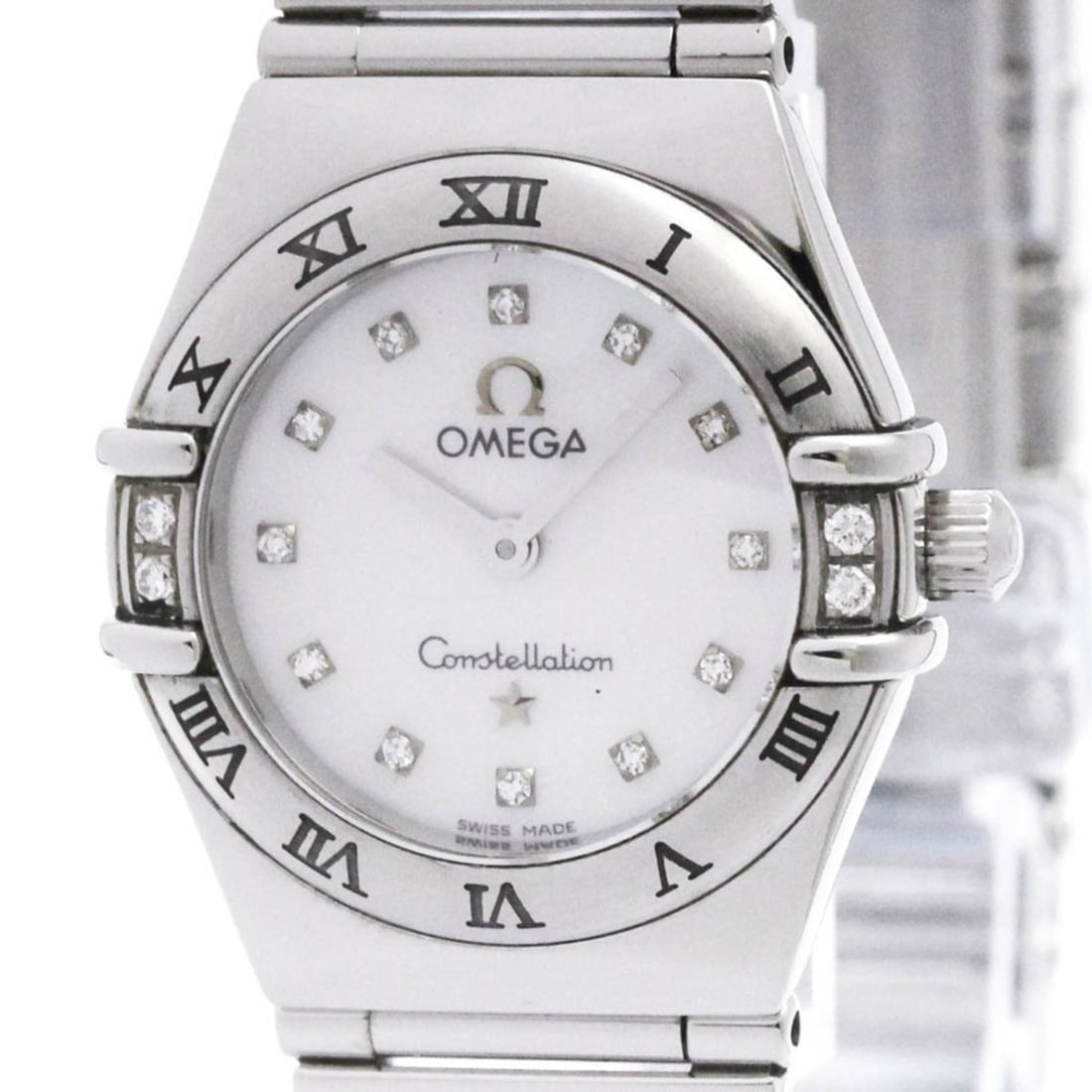 OMEGA Constellation Diamond MOP Dial Steel Quartz Ladies Watch 1566.76 Polished: --- Catalog ---Category: SizeCase Diameter: 22mm / 0.87''Category: DesignType: WristwatchStyle: Dress/FormalGender: WomenColor (Dial): White shellMaterial (Band): Stainless steelMaterial (Case): Stain