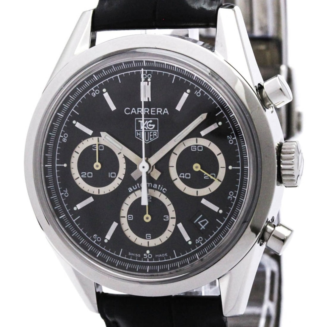 TAG HEUER Carrera Chronograph Steel Automatic Watch CV2113 Polished: --- Catalog ---Category: SizeCase Diameter: 39mm / 1.54''Category: DesignType: WristwatchStyle: SportGender: MenColor (Dial): BlackMaterial (Band): LeatherMaterial (Case): Stainless steelCategory: Gen
