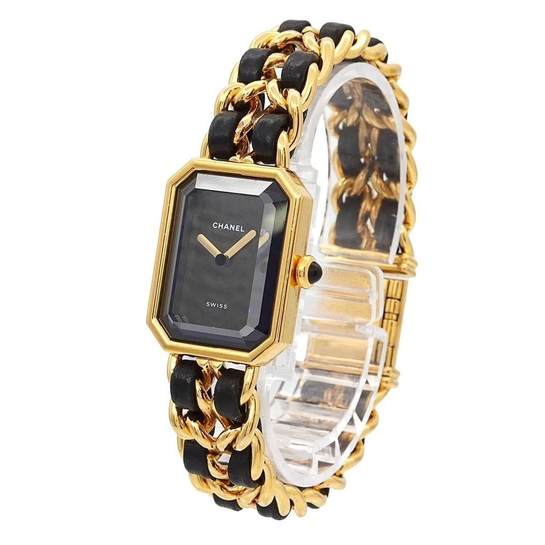 Chanel Premiere Large Size H0001 Women's Watch Black Gold Quartz: --- Catalog ---Category: SizeWrist Size: 16cm / 6.29''Case Diameter: 20mm / 0.79''Category: DesignType: WristwatchGender: WomenColor (Dial): BlackMaterial (Band): Gold plated, Leather, Stainless steel