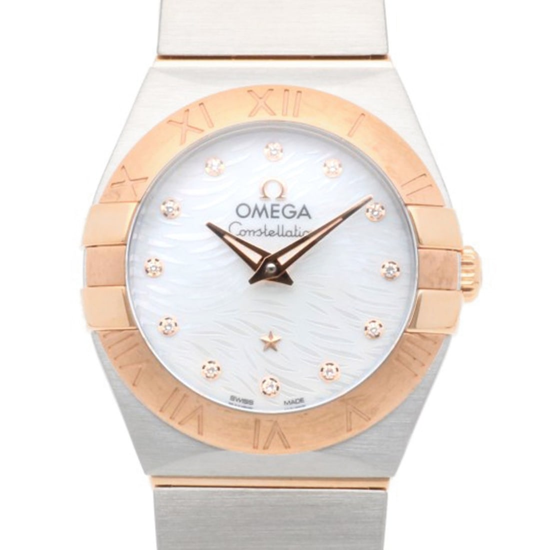 Omega Watch, Stainless Steel 795-1001 Quartz Women's, OMEGA Used, 12 Diamonds, Mother-of-Pearl Dial: --- Catalog ---Category: SizeWrist Size: 16cm / 6.29''Case Diameter: 25mm / 0.98''Category: DesignType: WristwatchGender: WomenColor (Dial): White shellMaterial (Band): Pink gold (18K), Stainless stee
