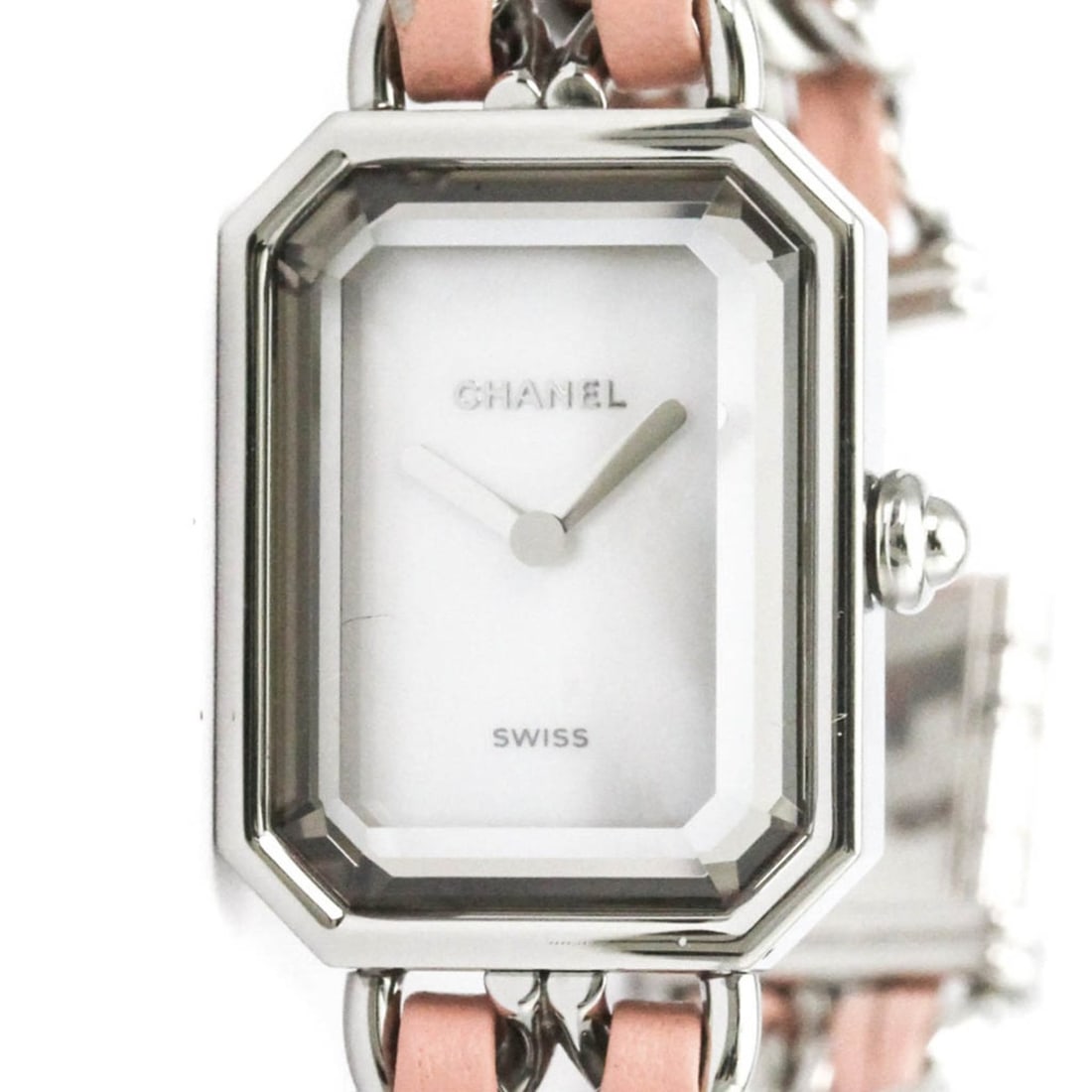 CHANEL Premiere Lock M-L Size Steel Quartz Ladies Watch H6359 Polished: --- Catalog ---Category: SizeCase Diameter: 20mm / 0.79''Category: DesignType: WristwatchStyle: Dress/FormalGender: WomenColor (Dial): White shellMaterial (Band): Leather, Stainless steelMaterial (Cas