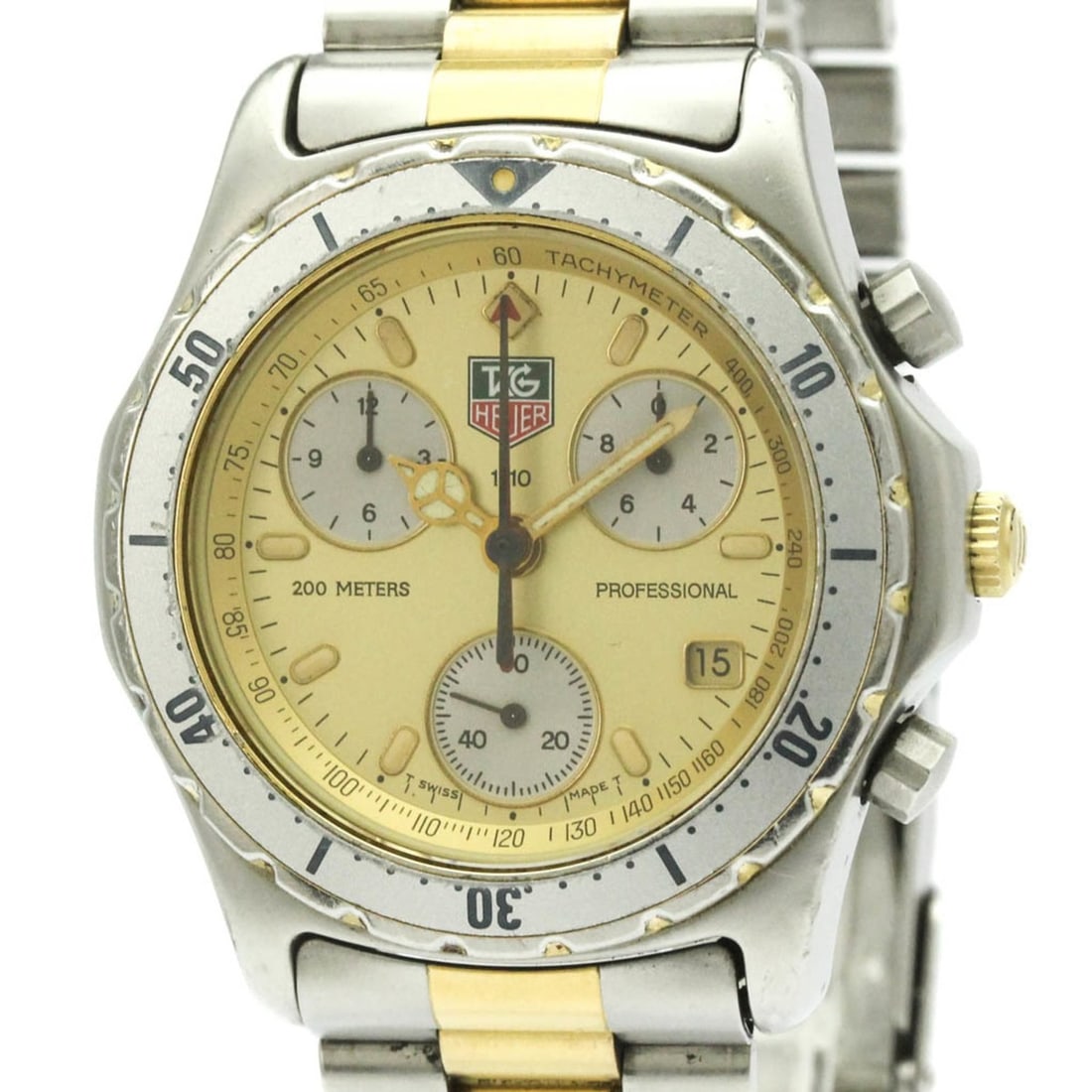 TAG HEUER 2000 Professional Chronograph Gold Plated Steel Watch CE1121: --- Catalog ---Category: SizeCase Diameter: 39mm / 1.54''Category: DesignType: WristwatchStyle: SportGender: MenColor (Dial): GoldMaterial (Band): Gold plated, Stainless steelMaterial (Case): Gold pla