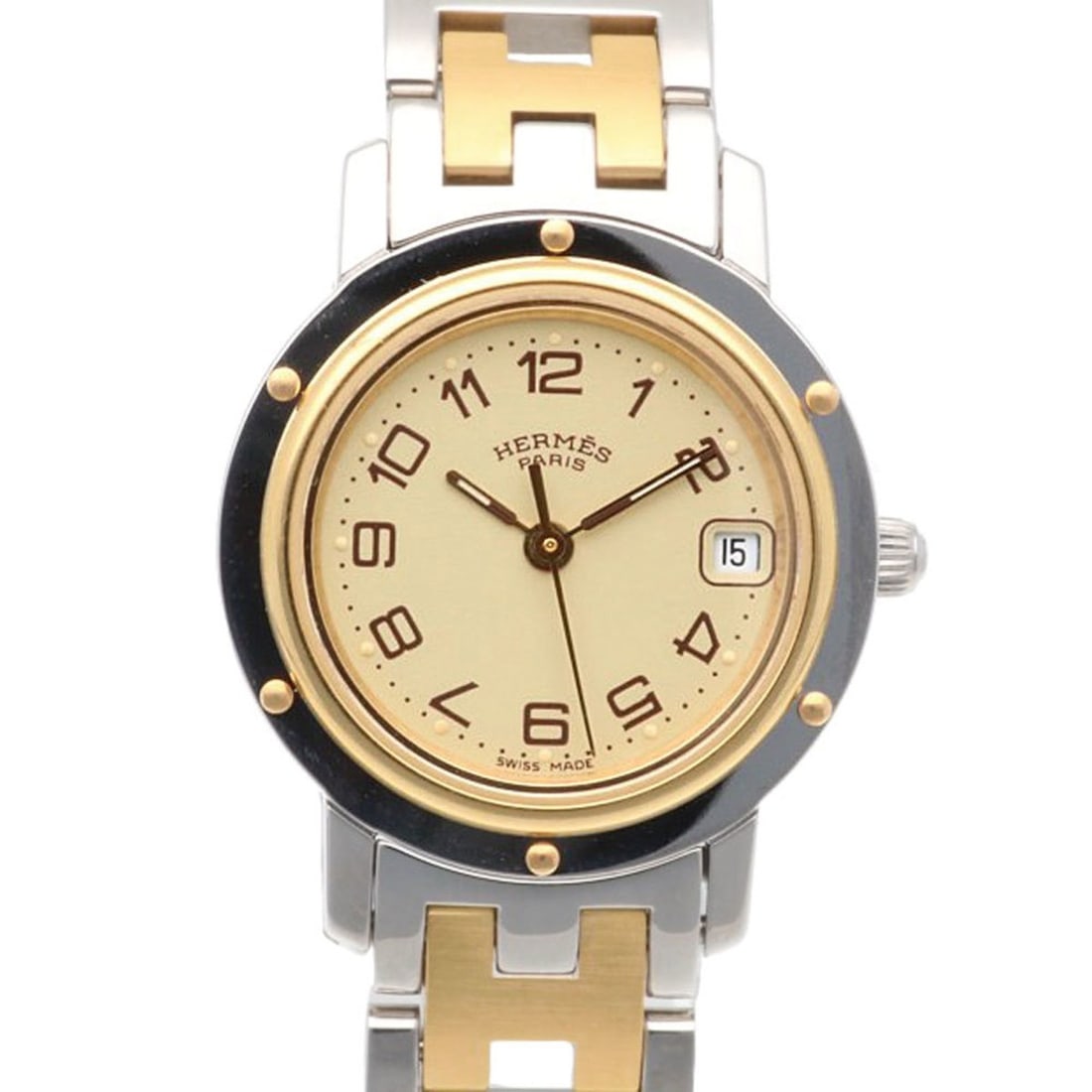 Hermes Clipper Wristwatch, Stainless Steel, CL4.220, Quartz, Polished, Women's, Pre-owned: --- Catalog ---Category: SizeWrist Size: 16cm / 6.29''Case Diameter: 23.5mm / 0.93''Category: DesignType: WristwatchGender: WomenMaterial (Band): Gold plated, Stainless steelMaterial (Case): Gold plat