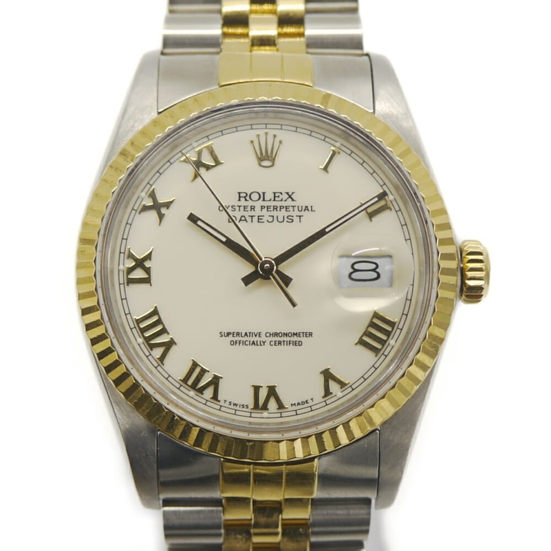 ROLEX Datejust 16013 Roman Idex R-serial, Stainless Steel/Yellow Gold, Automatic, Ivory Dial: --- Catalog ---Category: SizeWrist Size: 19.5cm / 7.67''Case Diameter: 36mm / 1.42''Category: DesignType: WristwatchGender: Men,WomenColor (Dial): IvoryMaterial (Band): Stainless steel, Yellow goldMat