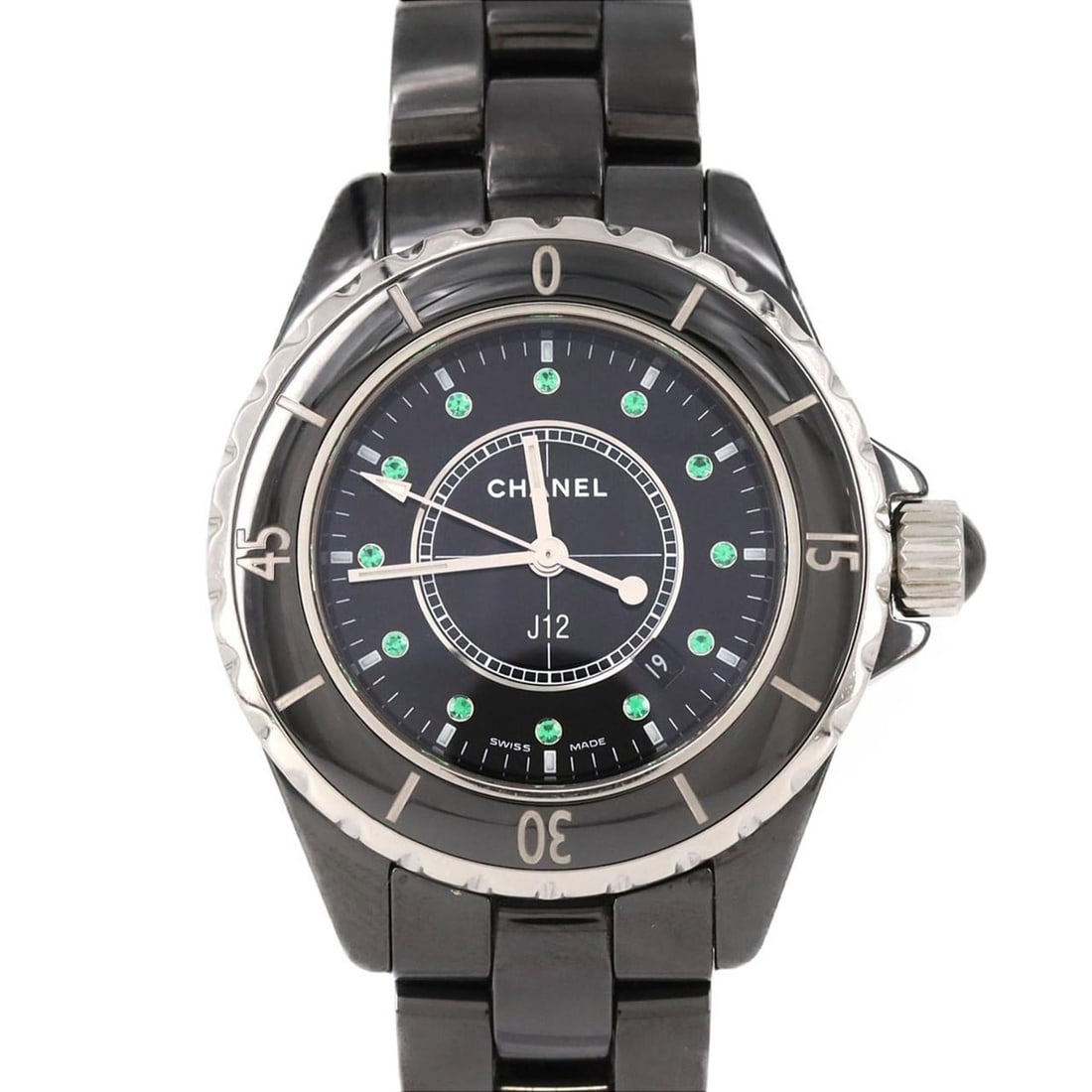 Chanel J12 33mm Ceramic 12P Emerald H2130 Quartz Watch: --- Catalog ---Category: SizeWrist Size: 16.5cm / 6.49''Case Diameter: 33mm / 1.3''Category: DesignType: WristwatchGender: WomenColor (Dial): BlackMaterial (Band): CeramicMaterial (Case): CeramicCateg