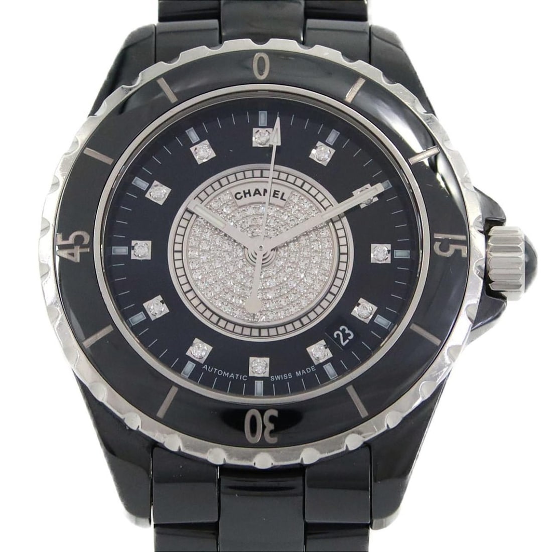 Chanel J12 38mm Ceramic 12P Center Pave H1757 Automatic Watch: --- Catalog ---Category: SizeWrist Size: 15cm / 5.9''Case Diameter: 38mm / 1.5''Category: DesignType: WristwatchGender: MenColor (Dial): BlackMaterial (Band): CeramicMaterial (Case): CeramicCategory: 