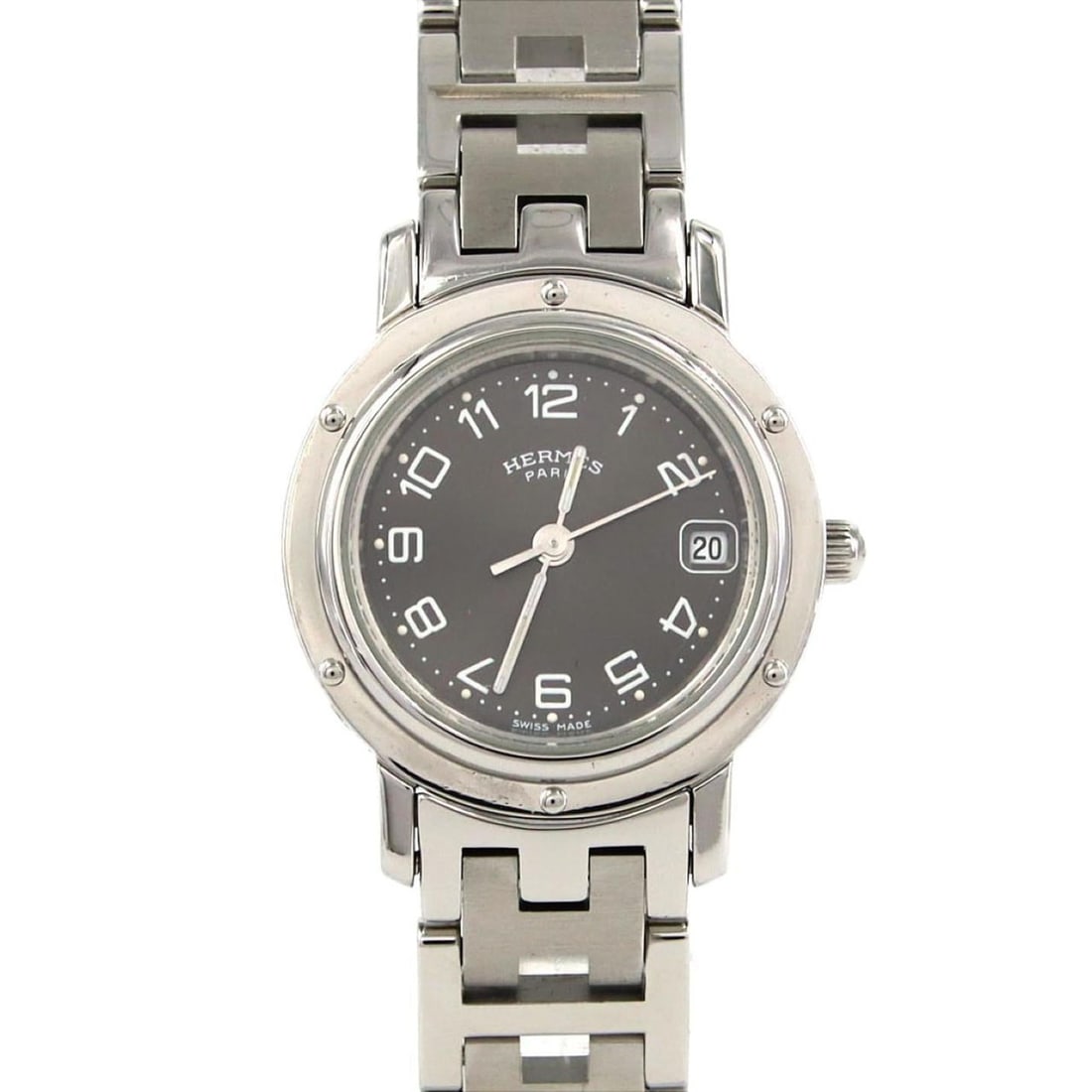 Hermes Clipper CL4.210 SS Quartz Watch: --- Catalog ---Category: SizeWrist Size: 14cm / 5.51''Case Diameter: 24mm / 0.94''Category: DesignType: WristwatchGender: WomenColor (Dial): BlackMaterial (Band): Stainless steelMaterial (Case): Stain